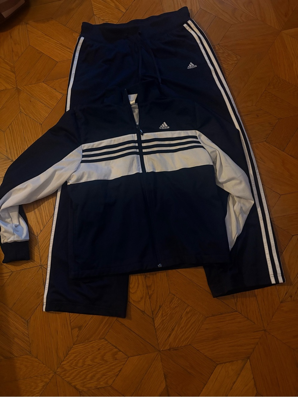 adidas Navy and White Three-Stripe Track Jacket & Pants.